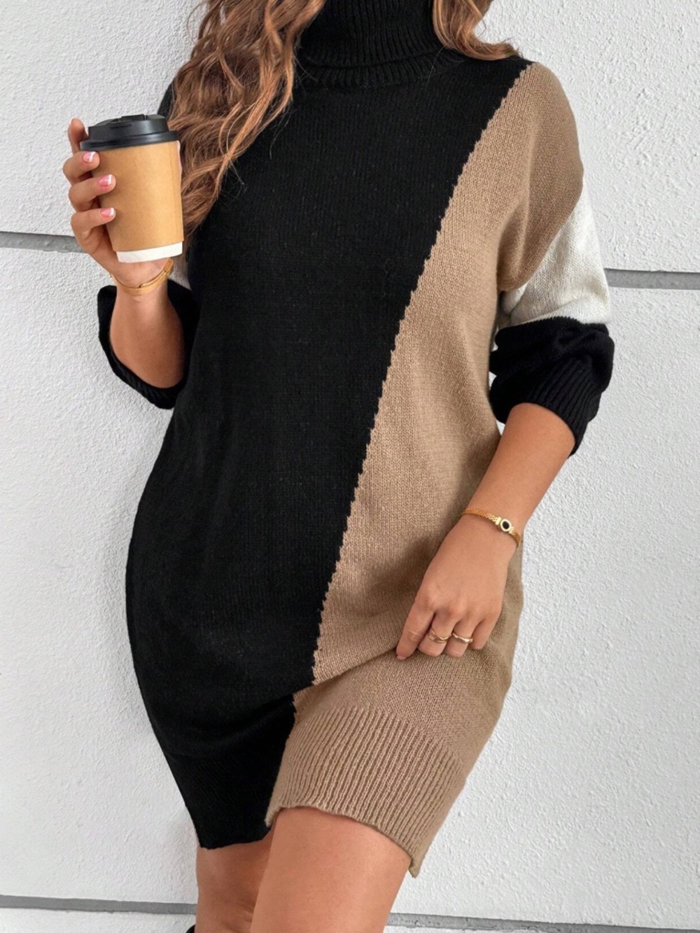 Plus High Neck Color Block Knit Sweater Dress